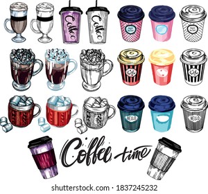 Vector coffee illustration. Coffee cups, different designs, bright pictures. Mulled wine, marshmallows, takeaway coffee, cappuccino, latte, cozy coffee.