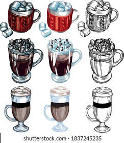 Vector coffee illustration. Coffee cups, different designs, bright pictures. Mulled wine, marshmallows, takeaway coffee, cappuccino, latte, cozy coffee.