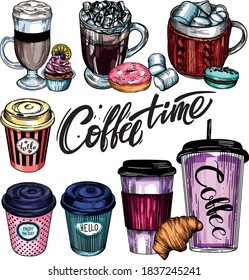 Vector coffee illustration. Coffee cups, different designs, bright pictures. Mulled wine, marshmallows, takeaway coffee, cappuccino, latte, cozy coffee.