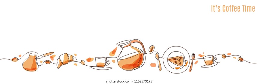 Vector coffee illustration drawn with one line. Different coffee maker stuff.