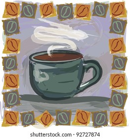 Vector Coffee Illustration:  Hand drawn style mug with coffee and unique border.