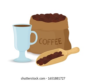 Vector coffee illustration with hot cup of cappuccino and sack of beans, canvas bag. Arabic seeds in cartoon flat style.