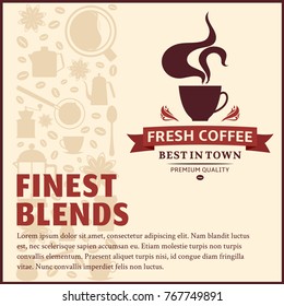 Vector coffee illustration with mugs, beans and equipment icons