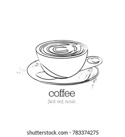 vector coffee illustration quote logo. hand drawn sketch of coffee cups mug. coffee machine cafe menu wall print art. icon but first coffee.