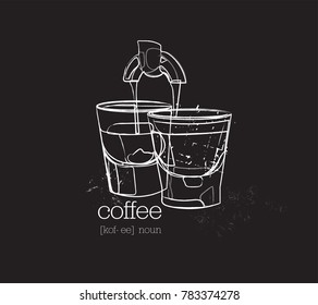 vector coffee illustration quote logo. hand drawn sketch of coffee cups mug. coffee machine cafe menu wall print art. icon but first coffee.