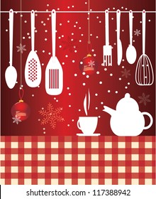 Vector coffee and kettle with christmas background