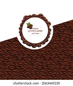 Vector Coffee Label Template, Brown and White Colors, Hand Drawn Coffee Beans Pattern and Circle Frame, White Background.