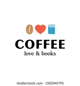 Vector coffee logo design template. Caffeine bean icon symbol. Modern heart, love and books illustration logotype for cafe, shop