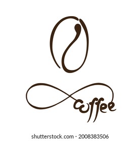Vector coffee as a logo emblem for a cafe. Sign template for signboard. Coffee beans silhouette hand drawn. Minimalistic simple icon, endless love for coffee.