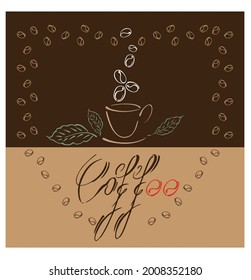 Vector coffee as a logo emblem for a coffee shop. Coffee shop sign template for signboard. Coffee beans silhouette hand drawn. Minimalistic simple icon.