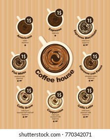 Vector coffee menu card for different types of coffee with a picture of the cups, top view with price on striped background