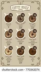 Vector coffee menu card for different types of coffee with a picture of the cups, top view with price in curly frame in retro style