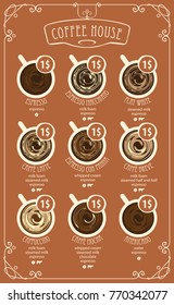 Vector coffee menu card for different types of coffee with a picture of the cups, top view with price in curly frame in retro style