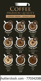 Vector coffee menu card for different types of coffee with a picture of the cups, top view with price on black background