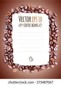 Vector coffee menu with coffee cup and croissant. Coffee beans background.