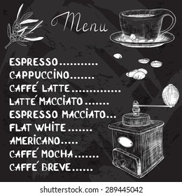 Vector coffee menu with a cup of coffee and coffee grinder