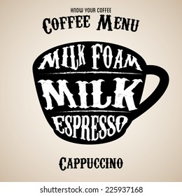 Vector coffee menu with a cups of coffee drinks in vintage style 