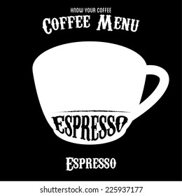 Vector coffee menu with a cups of coffee drinks in vintage style 