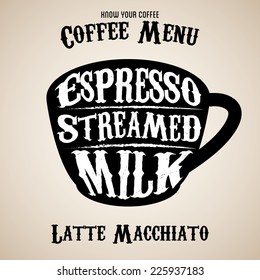 Vector coffee menu with a cups of coffee drinks in vintage style 
