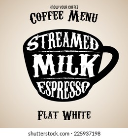 Vector coffee menu with a cups of coffee drinks in vintage style 