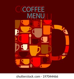 Vector coffee menu design with coffee cup and mugs for coffee shop, restaurant or cafe