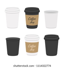 Vector coffee mug with cardboard holders, cups with americano, latte. Hot drink mock up, set. Collection of design element for menu, restaurant. Template of disposable package.