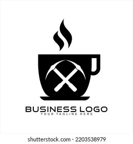 Vector coffee mug design logo with mining tools concept.