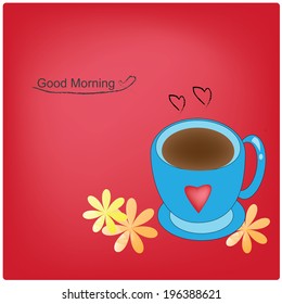 vector coffee mug and flowers on red background