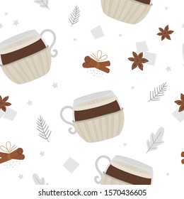 Vector coffee in mug with knitted cup holder seamless pattern. Winter traditional warming drink repeating background. Holiday hot beverage with sugar, anise, cinnamon