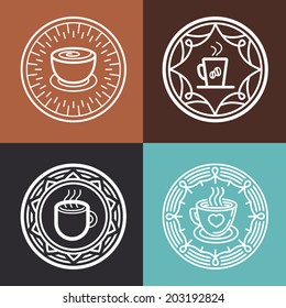 Vector coffee mug on round emblem - outline graphic design element - badges and label for coffee  and tea shops - abstract design elements - logo design template