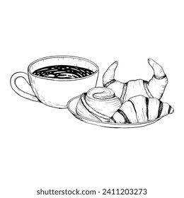 Vector coffee mug with pastry plate with chocolate French croissants and rolled cinnamon bun black and white graphic illustration for snack and breakfast in cafe