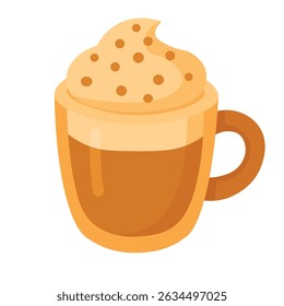 Vector coffee mug with whipped cream and sprinkles, cozy flat clipart for cafe and dessert designs.