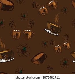 Vector coffee pattern, abstract object on brown background. Decorative element