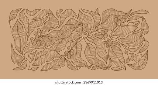 Vector coffee pattern background, line wavy illustration with beans. Floral, leaves print, package, banner. Art deco vintage style