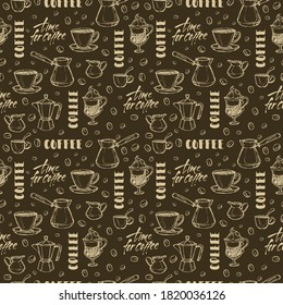 vector coffee pattern with dark brown background