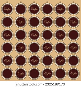 vector coffee pattern and texture, illustration of coffee symbols in background. wallpaper or wrapping paper. vector coffee cup with text