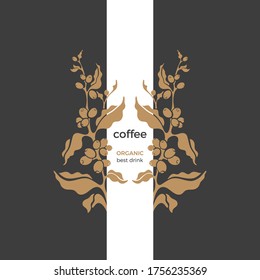 Vector Coffee Plant. Art Frame, Simple Symbol, Nature Logo On Black Background. Golden Shape Of Branch, Aroma Bean, Golden Leaves. Organic Card, Vintage Pattern.