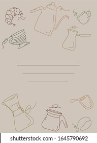 Vector coffee postcard. Outline style coffee makers set. Different kinds coffee mugs, pod, pour over, glass, cup, bean and croissant.