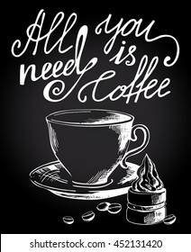 Vector coffee poster with hand lettering quote in linear style "All you need is coffee". A cup of coffee with cake and coffee beans.