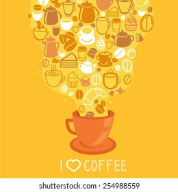 Vector coffee poster - illustration in flat style with hot cup of coffee on yellow background