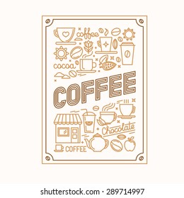 Vector coffee poster with linear icons and signs related to drinking coffee 