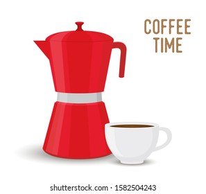 Vector coffee pot with cup, red pitcher of hot drink. Mug, kettle and chalice for coffee house, restaurant, teahouse. Cartoon flat style.