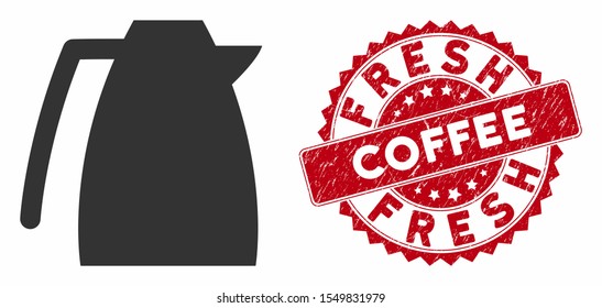 Vector coffee pot icon and rubber round stamp seal with Fresh Coffee text. Flat coffee pot icon is isolated on a white background. Fresh Coffee stamp seal uses red color and dirty texture.