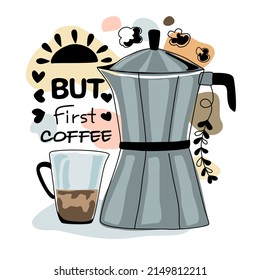 Vector coffee quotes and inspiration set Designed in doodle style For t-shirt designs, fabric patterns, canvas prints, cards, scrapbook, pillows, bags, etc.