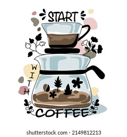 Vector coffee quotes and inspiration set Designed in doodle style For t-shirt designs, fabric patterns, canvas prints, cards, scrapbook, pillows, bags, etc.