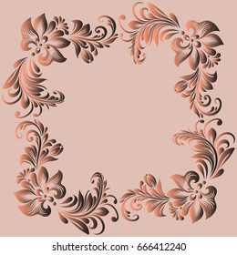 Vector coffee rectangular frame for design with a stylized floral ornament in a folk style with decorative flowers