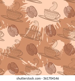 Vector Coffee seamless brown pattern.Hand drawn.Rest time.Concept for web banners and printed materials