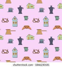 Vector coffee seamless pattern. Hand-drawn elements: houses, cups, croissants, pretzels, and coffee makers. Flat style.