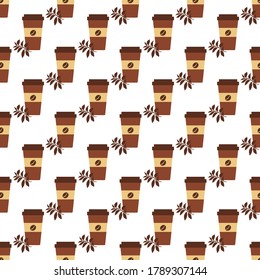 Vector coffee seamless pattern Illustration Repeated background with paper coffee cups. Morning. Take away. Concept for cafe, bistro, bars menu card. Food and drink design for wrapping, textile, print