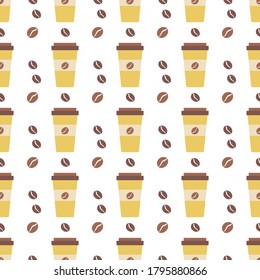 Vector coffee seamless pattern Illustration Repeated background with paper coffee cups. Morning. Take away. Concept for cafe, bistro, bars menu card. Food and drink design for wrapping, textile, print